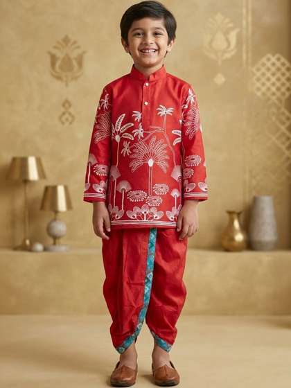 TAKE STYLE Boys Ethnic
                    Motifs Printed Regular Dupion Silk Kurta with Dhoti
                    Pants