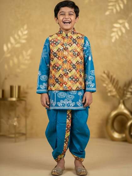 Cae Boys Ethnic Motifs
                    Printed Regular Dupion Silk Kurta with Dhoti Pants