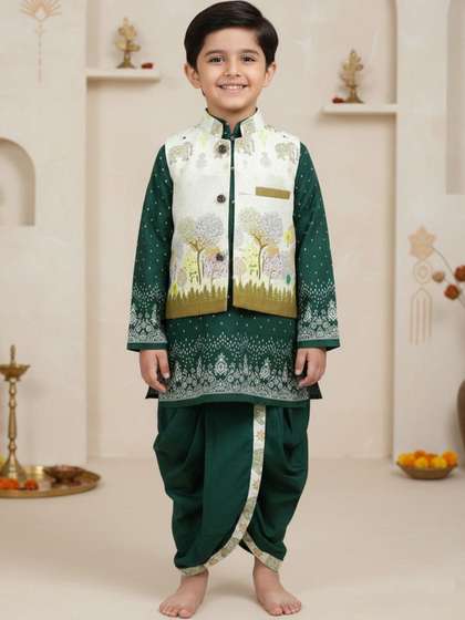 NFC CREATION Boys Ethnic
                    Motifs Printed Regular Dupion Silk Kurta with Dhoti
                    Pants