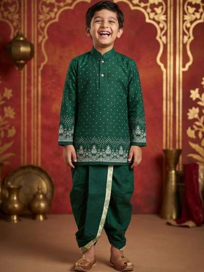 TAKE STYLE Boys Ethnic
                    Motifs Printed Regular Dupion Silk Kurta with Dhoti
                    Pants