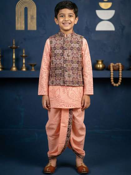 Cae Boys Ethnic Motifs
                      Printed Regular Dupion Silk Kurta with Dhoti
                      Pants