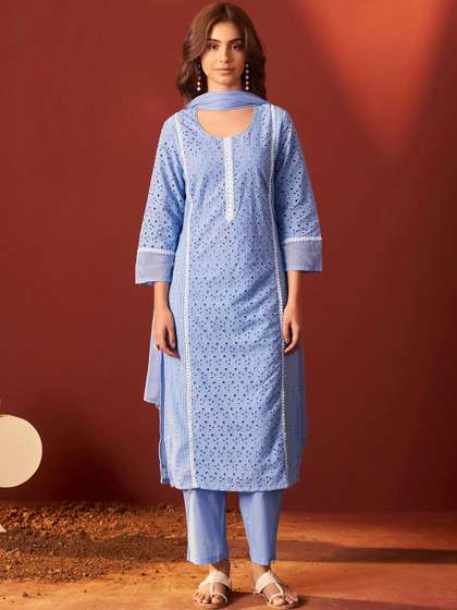 Anouk Women
                          Regular Pure Cotton Schiffli Kurta with
                          Trousers & With Dupatta