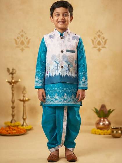 NFC CREATION Boys Ethnic
                    Motifs Printed Regular Dupion Silk Kurta with Dhoti
                    Pants