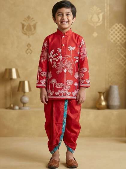 NFC CREATION Boys Ethnic
                    Motifs Printed Regular Dupion Silk Kurta with Dhoti
                    Pants