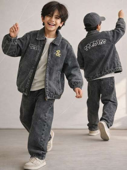 TALES & STORIES
                      Boys Typography Lightweight Denim Jacket with
                      Embroidered