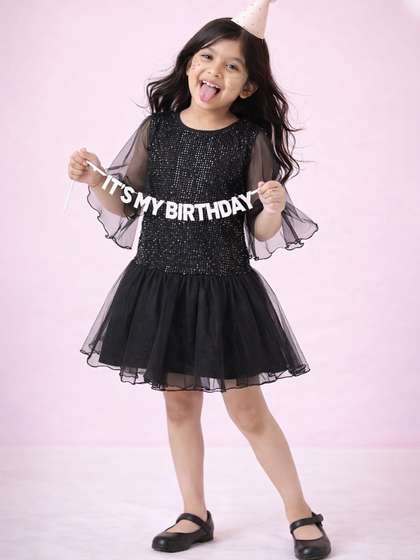 TALES & STORIES
                    Girls Embellished Flared Sleeves Sequined Drop-Waist
                    Dress