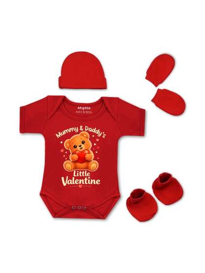 Arvesa Infants Little
                    Valentine Printed Romper with Cap Booties Mitten