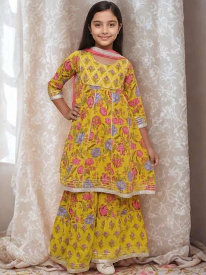 KALINI Girls Floral
                    Printed Tiered Gotta Patti Pure Cotton Kurta with
                    Sharara & With Dupatta