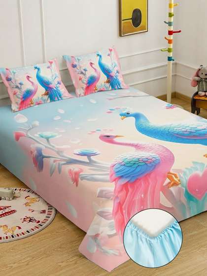 KLOTTHE Pink & Blue Cartoon Printed Fitted 7D 400 TC Double King Bedsheet With 2 Pillow Cover