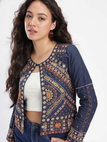 Blue & White
                          Geometric Crop Jacket