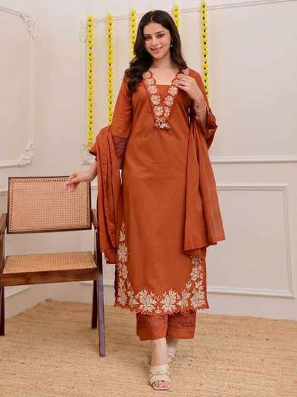 Moda Rapido Women
                        Floral Embroidered Regular Thread Work Kurta
                        with Trousers & With Dupatta