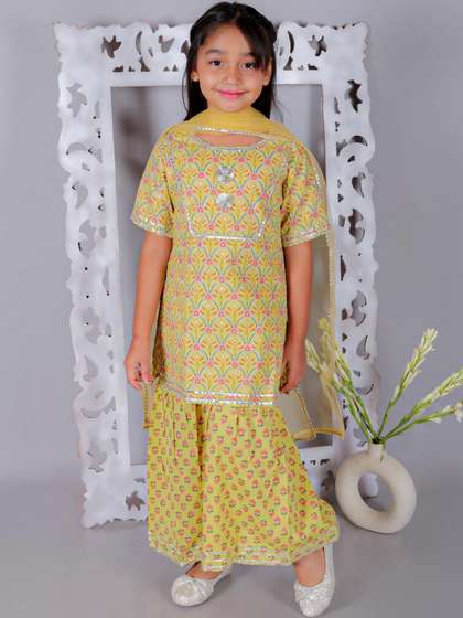 KALINI Girls Ethnic
                      Motifs Printed Regular Gotta Patti Pure Cotton
                      Kurta with Sharara & With Dupatta