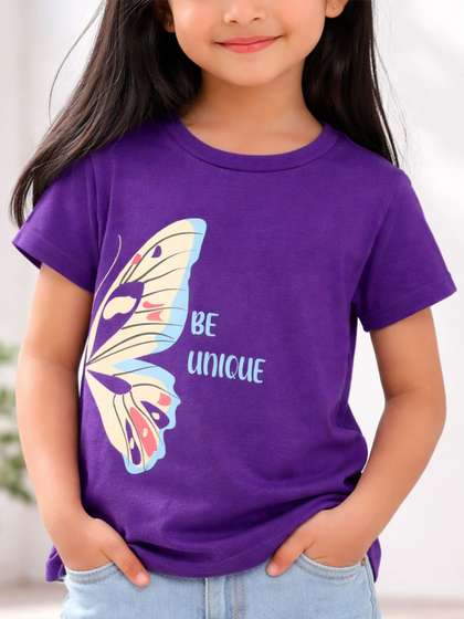 Purple United Kids Girls
                    Butterfly Artwork Round Neck Soft Fabric Everyday
                    Wear Tshirt