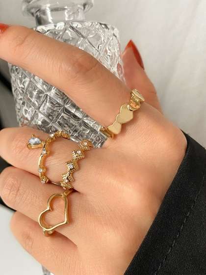 Lara Karen Set of 4
                        Gold-Plated Crystals-Studded Finger Ring
