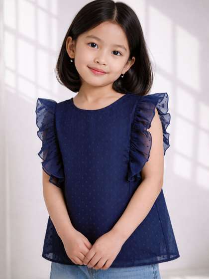 Purple United Kids Girls
                    Dobby Cotton Layered Flutter Sleeves Comfort Fit
                    Navy Blue Top