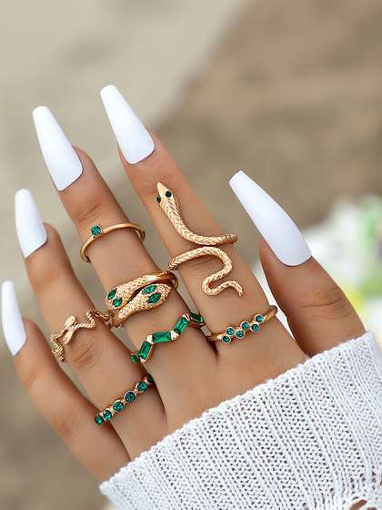 Lara Karen Set of
                          7 Gold-Plated Crystals-Studded Finger Ring