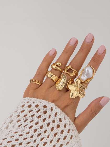 Lara Karen Set of
                          7 Gold-Plated Pearls-Studded Finger Ring