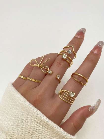 Lara Karen Set of 8
                        Gold-Plated Cubic Zirconia-Studded Finger Ring