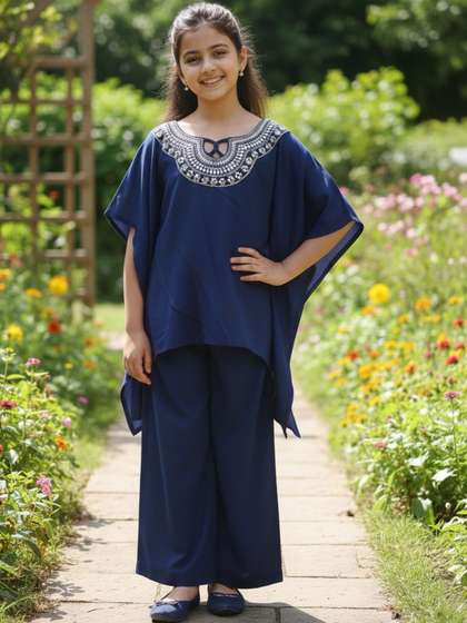 Sangria Embroidered
                        Round Neck Tunic & Trousers Clothing Set