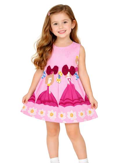 Cutoos Girls Pink Doll
                    Print Viscose Rayon Round Neck Sleeveless Fit &
                    Flare Dress