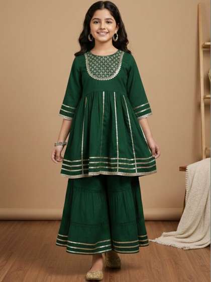 misbis Girls Ethnic
                      Motifs Embroidered Tiered Gotta Patti Silk Crepe
                      Kurta with Sharara