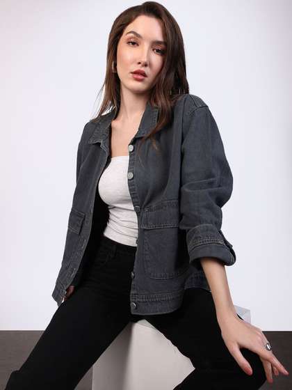 Urbano Fashion Women
                        Grey Relaxed Fit Full Sleeve Utility Denim
                        Jacket