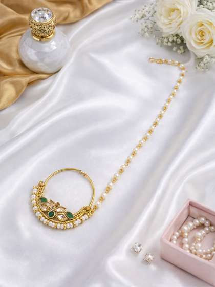 I Jewels Green &
                        Off-White Antique Gold-Plated Pearl Studded
                        Beaded Chained Nose Ring