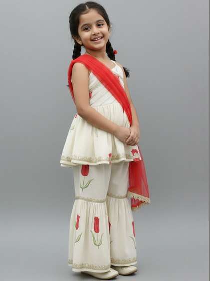 Vetrokart Girls Floral
                    Printed Regular Raw Silk Kurti with Sharara &
                    With Dupatta
