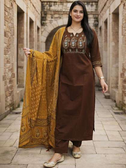 HERE&NOW Women
                          Ethnic Motifs Embroidered Regular Thread Work
                          Pure Cotton Kurta with Trousers & With
                          Dupatta