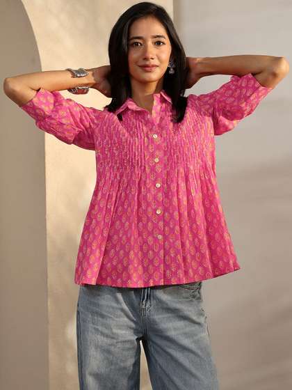 Libas Ethnic Motifs
                        Printed Shirt Collar Pleated Kurti