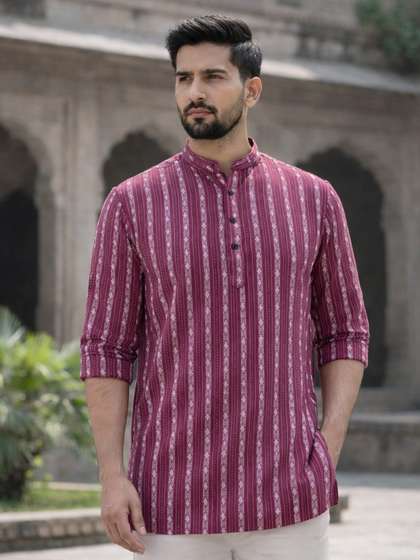 LADSLOOM Striped
                          Band Collar Thread Work Pure Cotton Straight
                          Short Kurta