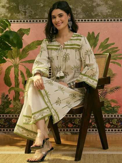 Sangria Printed
                          Pure Cotton Tie-Up Neck Kurta & Palazzos
                          Kurta Sets