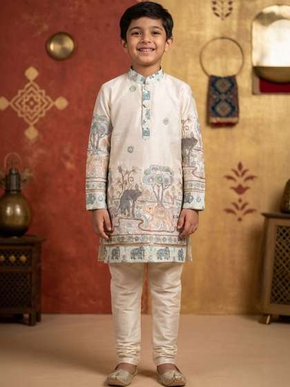 Cae Boys Ethnic Motifs
                    Printed Regular Dupion Silk Kurta with Churidar