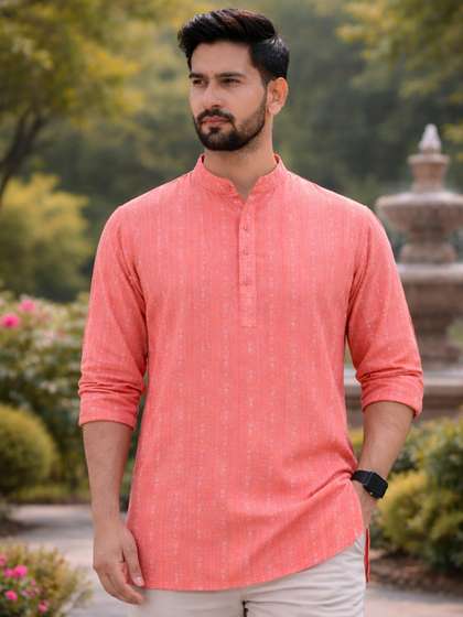 LADSLOOM Striped
                        Embroidered Mandarin Collar Thread Work Pure
                        Cotton Straight Kurta