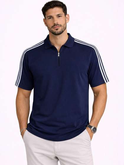 Organic Chics Navy Blue Striped Polo Collar Regular Fit T-shirt