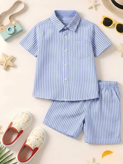LITTLE GINNIE Boys
                    Striped Short Sleeves Pure Cotton Shirt With Shorts