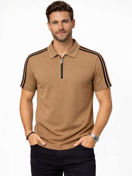 Organic Chics Men Striped Dri-FIT Polo Collar Slim Fit T-shirt