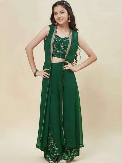 Bholukart Girls Floral
                      Embroidered Panelled Thread Work Top with
                      Palazzos