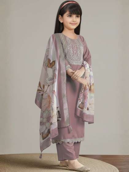 Vetrokart Girls Floral
                      Embroidered Regular Thread Work Kurta with
                      Trousers & With Dupatta