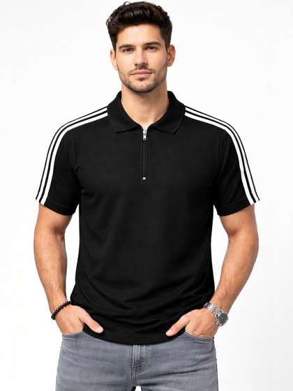 Organic Chics Men Striped Polo Collar Dri-FIT Slim Fit T-shirt