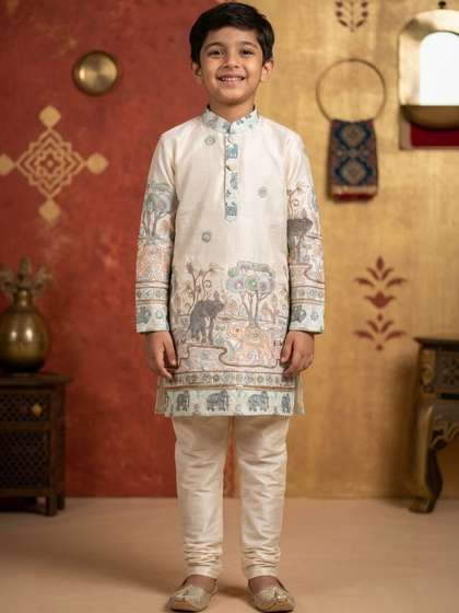 AHLAN APPARELS Boys
                    Ethnic Motifs Printed Regular Thread Work Dupion
                    Silk Kurta with Pyjamas