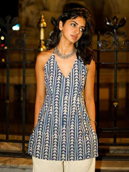 NISHORAMA Geometric
                        Printed Halter Neck Pure Cotton Handloom Slim
                        Fit Kurti