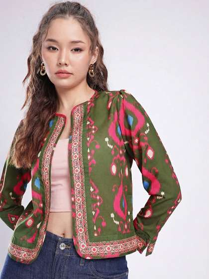 Olive Abstract
                          Printed Crop Jacket