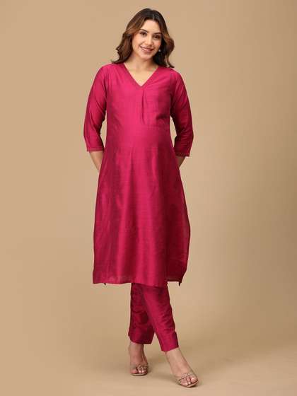 The Mom Store
                          Women Magenta Raw Silk Maternity Kurta with
                          Trousers