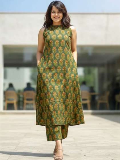 Keitra Women
                          Floral Printed Regular Pure Cotton Kurta with
                          Trousers