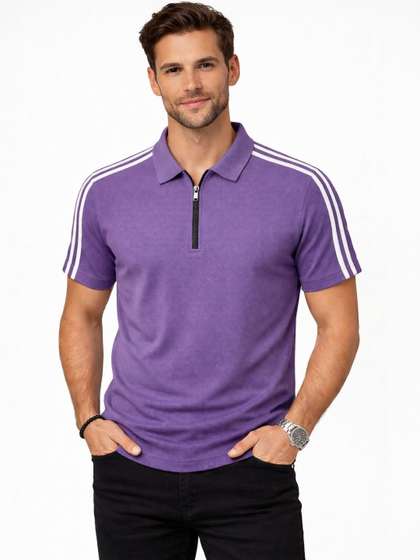 Organic Chics Men Striped Dri-FIT Polo Collar Slim Fit T-shirt