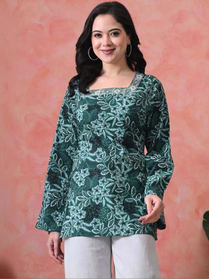Vaimiya Floral
                        Printed Square Neck Thread Work Pure Cotton
                        Blend Thread Work Kurti