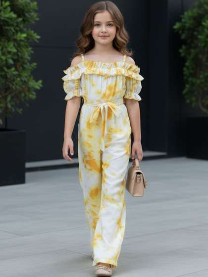 Cutiekins Girls
                    Off-Shoulder Printed Basic Jumpsuit with Ruffles