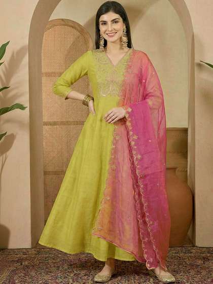 Sangria Embroidered
                        V-Neck Gown Ethnic Dress With Dupatta