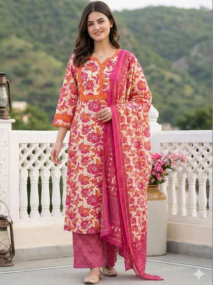 Anouk Women Floral
                      Printed Regular Pure Cotton Kurta with Palazzos
                      & With Dupatta